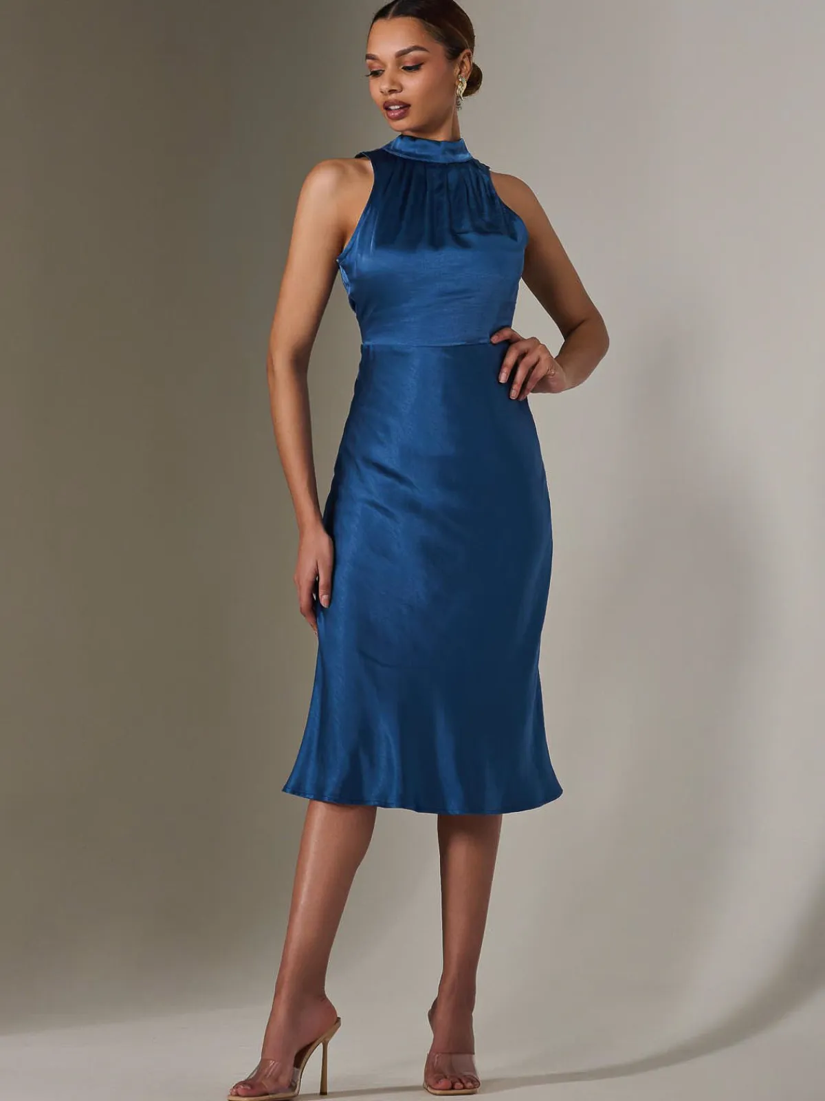 Jolie Moi Occasion Dresses|Mother Of The Bride-Satin Halter Neck Midi Dress, Navy