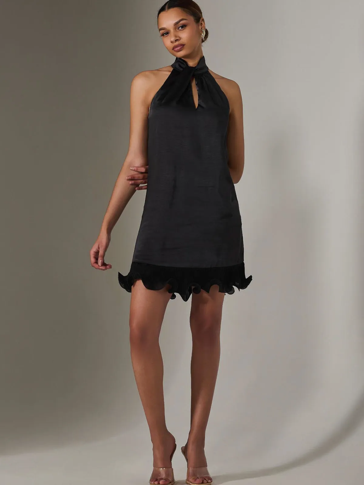 Jolie Moi Occasion Dresses|Sleeveless Dresses-Satin Halterneck Mini Dress, Black