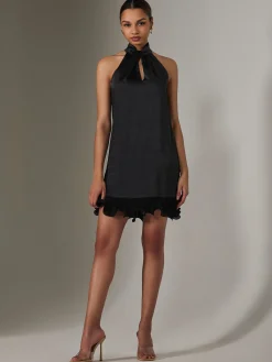 Jolie Moi Occasion Dresses|Sleeveless Dresses-Satin Halterneck Mini Dress, Black