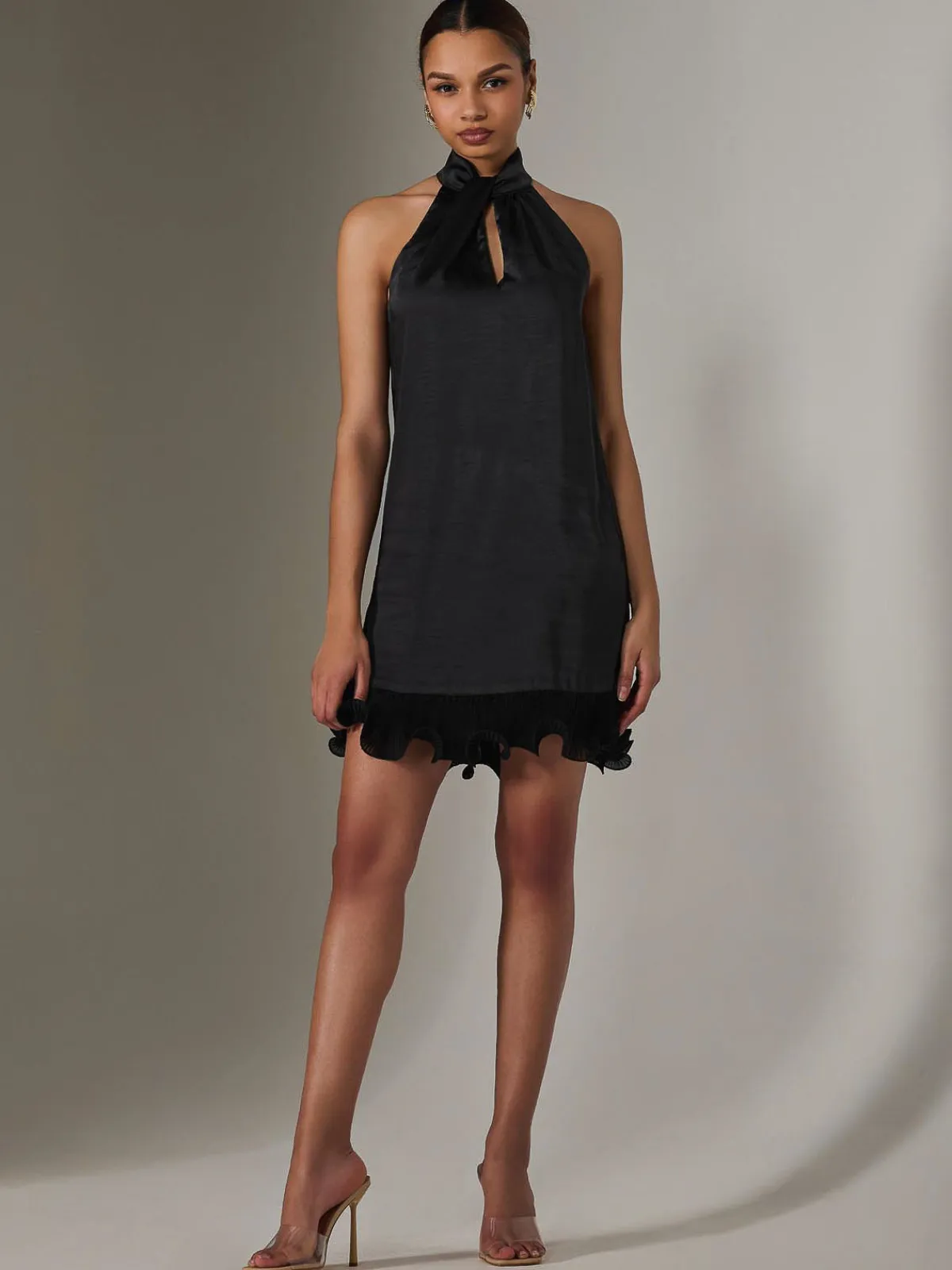 Jolie Moi Occasion Dresses|Sleeveless Dresses-Satin Halterneck Mini Dress, Black