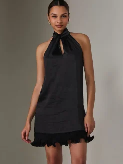 Jolie Moi Occasion Dresses|Sleeveless Dresses-Satin Halterneck Mini Dress, Black