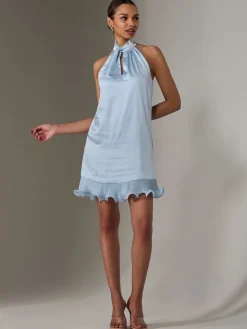 Jolie Moi Occasion Dresses|Party Dresses-Satin Halterneck Mini Dress, Blue