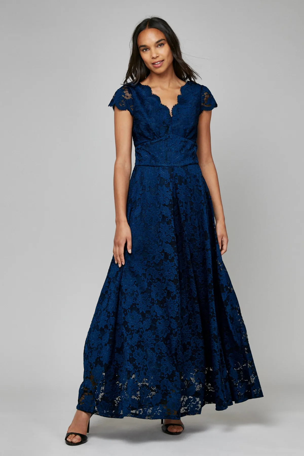 Jolie Moi Occasion Dresses|Signature Lace-Scallop V-Neck Lace Maxi Dress, Navy