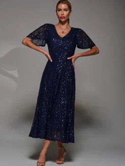 Jolie Moi Occasion Dresses|Sleeveless Dresses-Sequin Angel Sleeve Fit & Flare Midaxi Dress, Navy