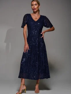 Jolie Moi Occasion Dresses|Sleeveless Dresses-Sequin Angel Sleeve Fit & Flare Midaxi Dress, Navy