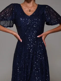 Jolie Moi Occasion Dresses|Sleeveless Dresses-Sequin Angel Sleeve Fit & Flare Midaxi Dress, Navy