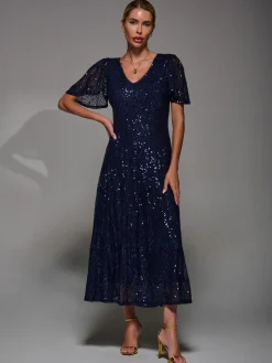 Jolie Moi Occasion Dresses|Sleeveless Dresses-Sequin Angel Sleeve Fit & Flare Midaxi Dress, Navy