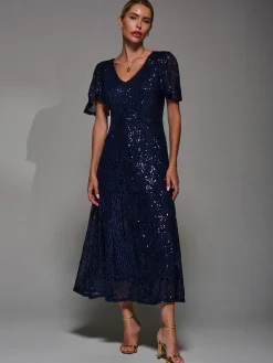 Jolie Moi Occasion Dresses|Sleeveless Dresses-Sequin Angel Sleeve Fit & Flare Midaxi Dress, Navy