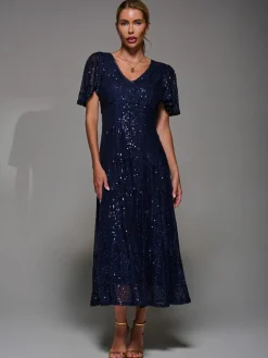 Jolie Moi Occasion Dresses|Sleeveless Dresses-Sequin Angel Sleeve Fit & Flare Midaxi Dress, Navy