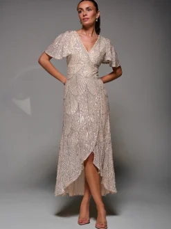 Jolie Moi Occasion Dresses|Party Dresses-Sequin Angel Sleeve Ruffle Hem Maxi Dress, Beige Silver