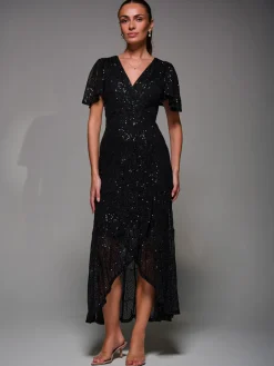 Jolie Moi Occasion Dresses|Party Dresses-Sequin Angel Sleeve Ruffle Hem Maxi Dress, Black
