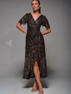 Jolie Moi Occasion Dresses|Party Dresses-Sequin Angel Sleeve Ruffle Hem Maxi Dress, Black Gold
