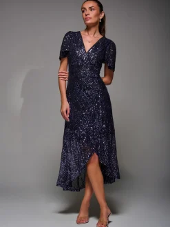 Jolie Moi Occasion Dresses|Party Dresses-Sequin Angel Sleeve Ruffle Hem Maxi Dress, Black Purple