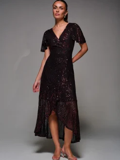 Jolie Moi Occasion Dresses|Party Dresses-Sequin Angel Sleeve Ruffle Hem Maxi Dress, Black Red