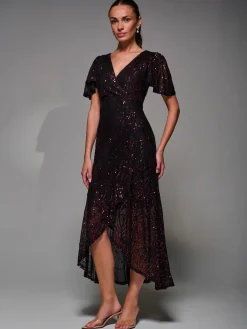 Jolie Moi Occasion Dresses|Party Dresses-Sequin Angel Sleeve Ruffle Hem Maxi Dress, Black Red