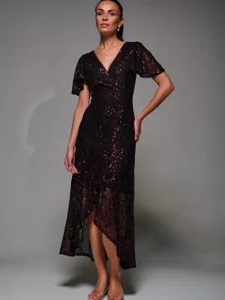 Jolie Moi Occasion Dresses|Party Dresses-Sequin Angel Sleeve Ruffle Hem Maxi Dress, Black Red