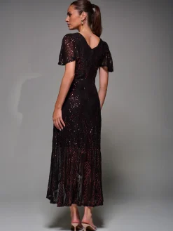 Jolie Moi Occasion Dresses|Party Dresses-Sequin Angel Sleeve Ruffle Hem Maxi Dress, Black Red