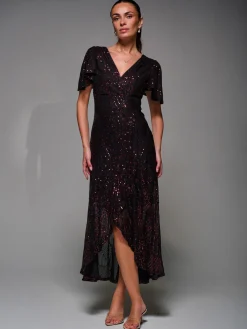 Jolie Moi Occasion Dresses|Party Dresses-Sequin Angel Sleeve Ruffle Hem Maxi Dress, Black Red