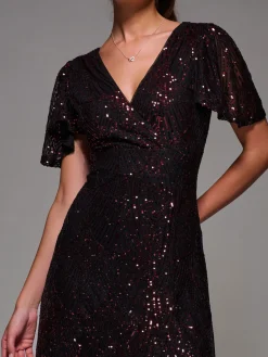 Jolie Moi Occasion Dresses|Party Dresses-Sequin Angel Sleeve Ruffle Hem Maxi Dress, Black Red