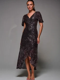 Jolie Moi Occasion Dresses|Party Dresses-Sequin Angel Sleeve Ruffle Hem Maxi Dress, Black Rose Gold