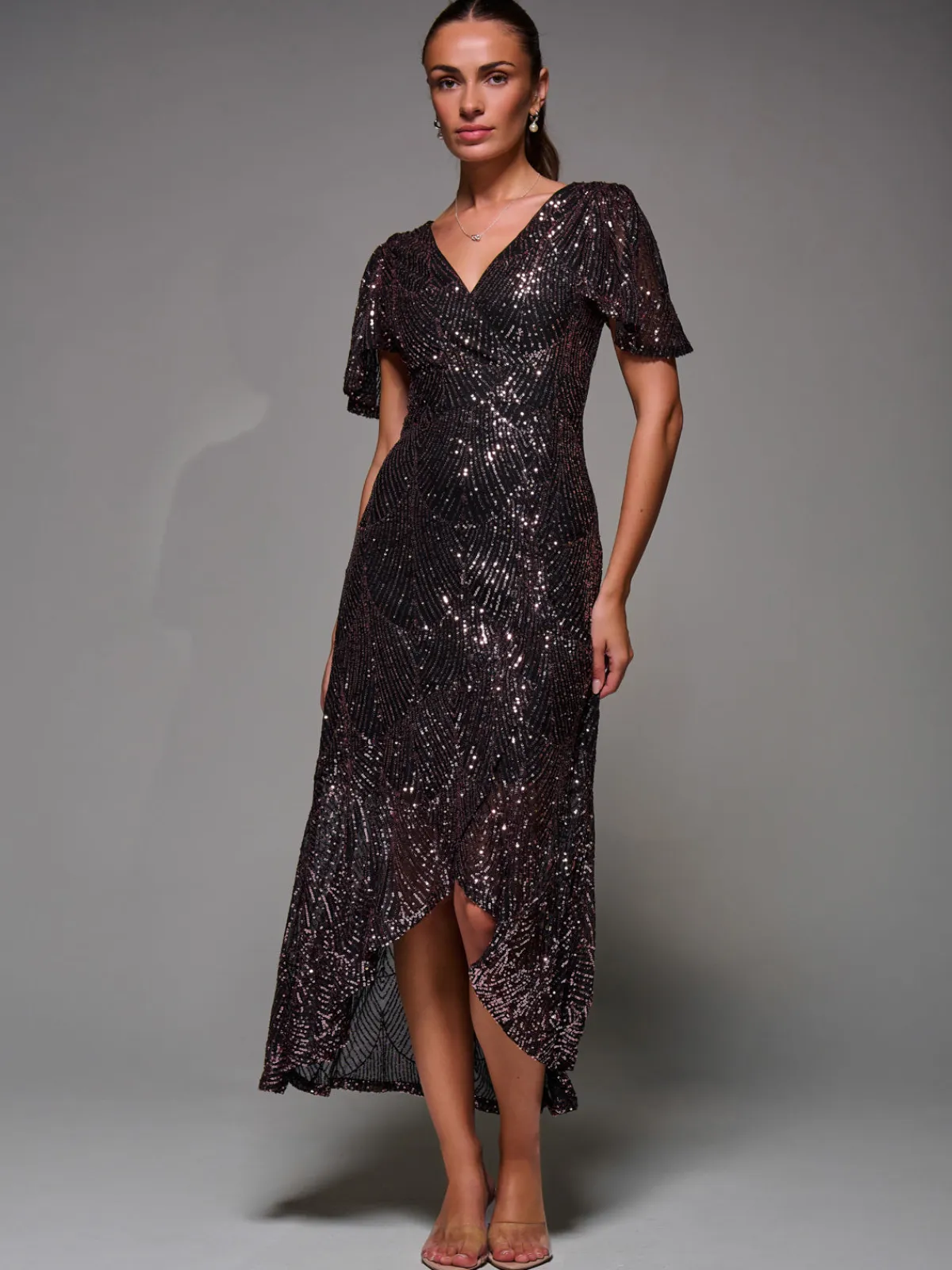 Jolie Moi Occasion Dresses|Party Dresses-Sequin Angel Sleeve Ruffle Hem Maxi Dress, Black Rose Gold