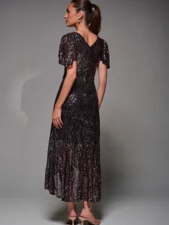 Jolie Moi Occasion Dresses|Party Dresses-Sequin Angel Sleeve Ruffle Hem Maxi Dress, Black Rose Gold