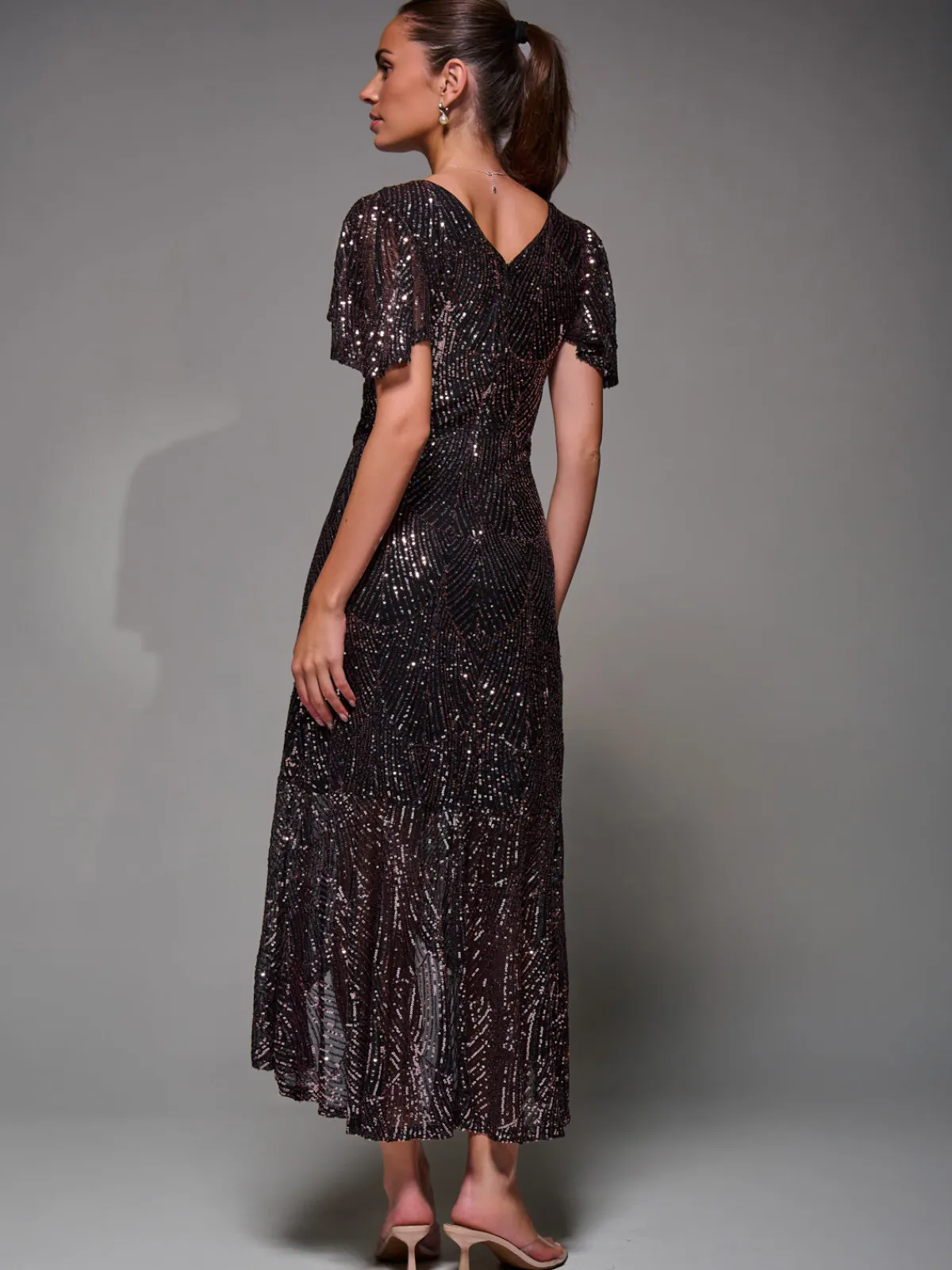 Jolie Moi Occasion Dresses|Party Dresses-Sequin Angel Sleeve Ruffle Hem Maxi Dress, Black Rose Gold
