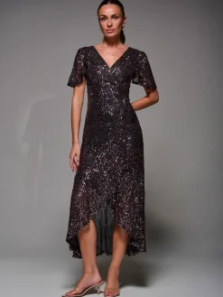 Jolie Moi Occasion Dresses|Party Dresses-Sequin Angel Sleeve Ruffle Hem Maxi Dress, Black Rose Gold