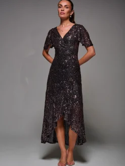 Jolie Moi Occasion Dresses|Party Dresses-Sequin Angel Sleeve Ruffle Hem Maxi Dress, Black Rose Gold
