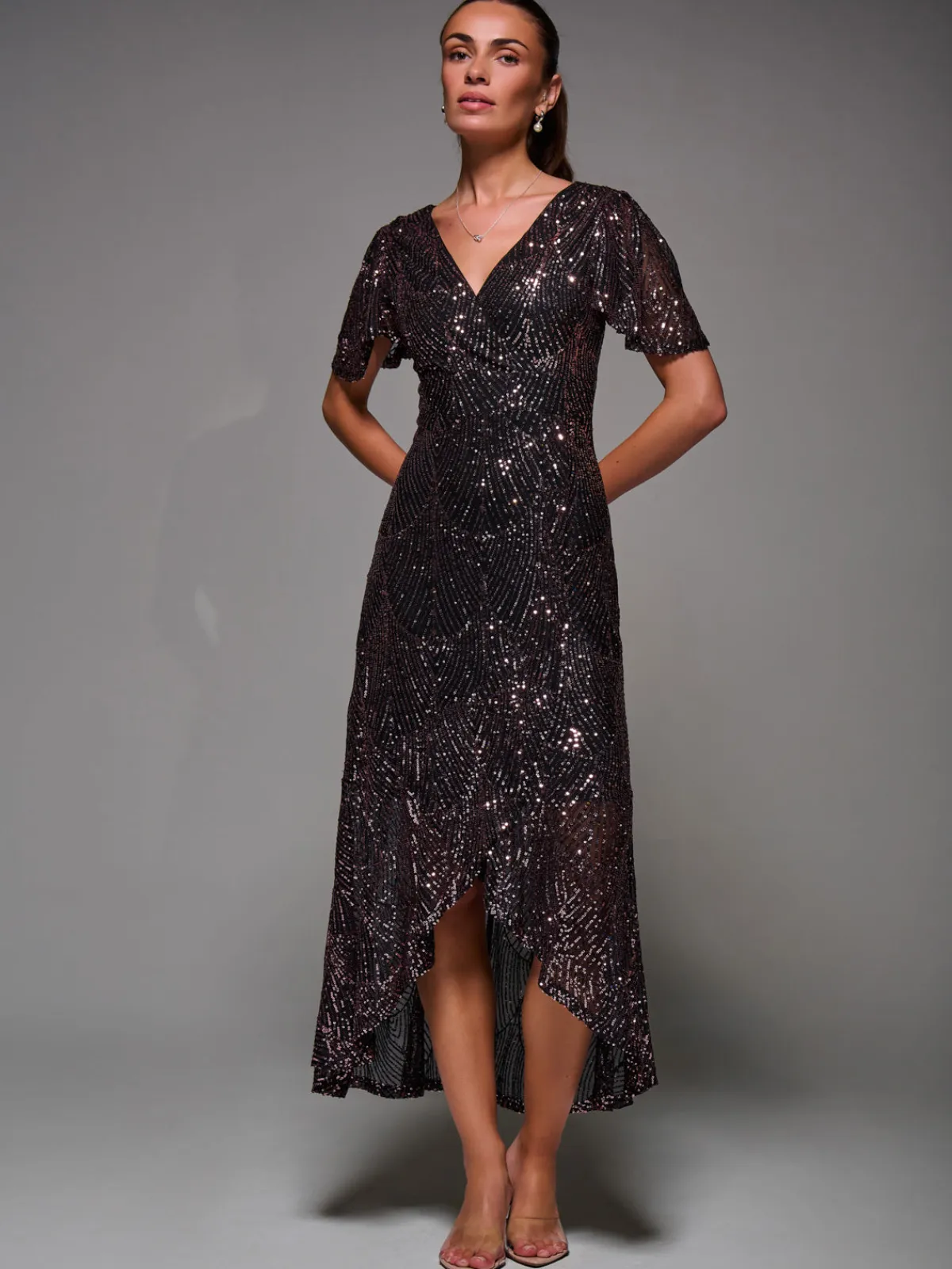 Jolie Moi Occasion Dresses|Party Dresses-Sequin Angel Sleeve Ruffle Hem Maxi Dress, Black Rose Gold