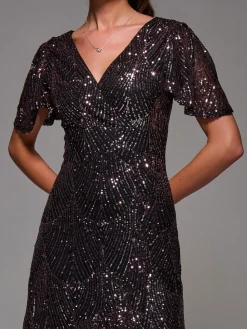 Jolie Moi Occasion Dresses|Party Dresses-Sequin Angel Sleeve Ruffle Hem Maxi Dress, Black Rose Gold