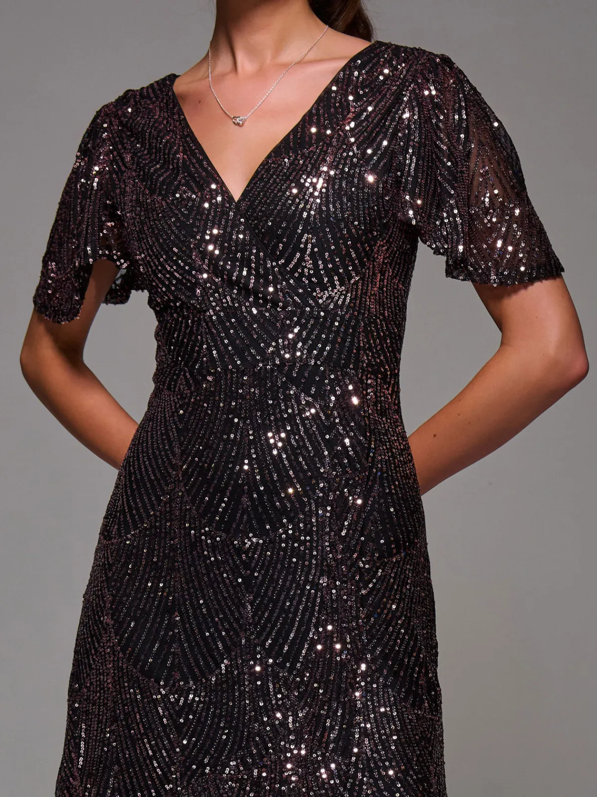 Jolie Moi Occasion Dresses|Party Dresses-Sequin Angel Sleeve Ruffle Hem Maxi Dress, Black Rose Gold