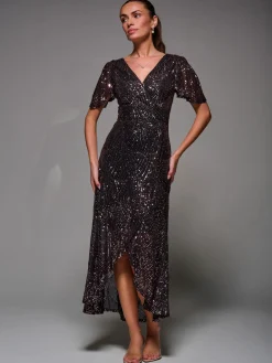Jolie Moi Occasion Dresses|Party Dresses-Sequin Angel Sleeve Ruffle Hem Maxi Dress, Black Rose Gold