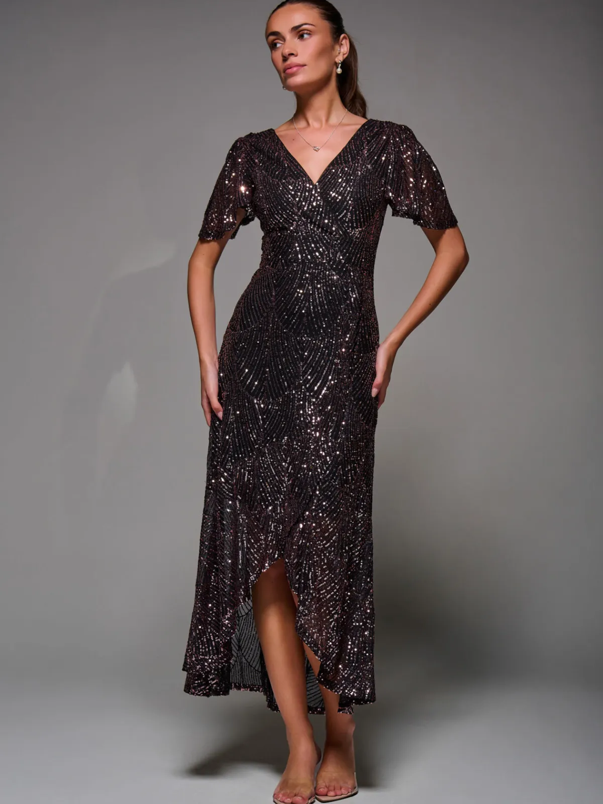 Jolie Moi Occasion Dresses|Party Dresses-Sequin Angel Sleeve Ruffle Hem Maxi Dress, Black Rose Gold