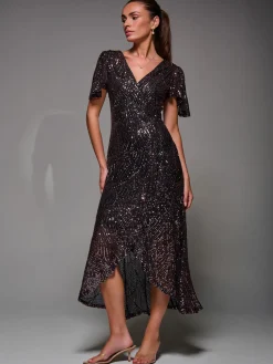 Jolie Moi Occasion Dresses|Party Dresses-Sequin Angel Sleeve Ruffle Hem Maxi Dress, Black Rose Gold