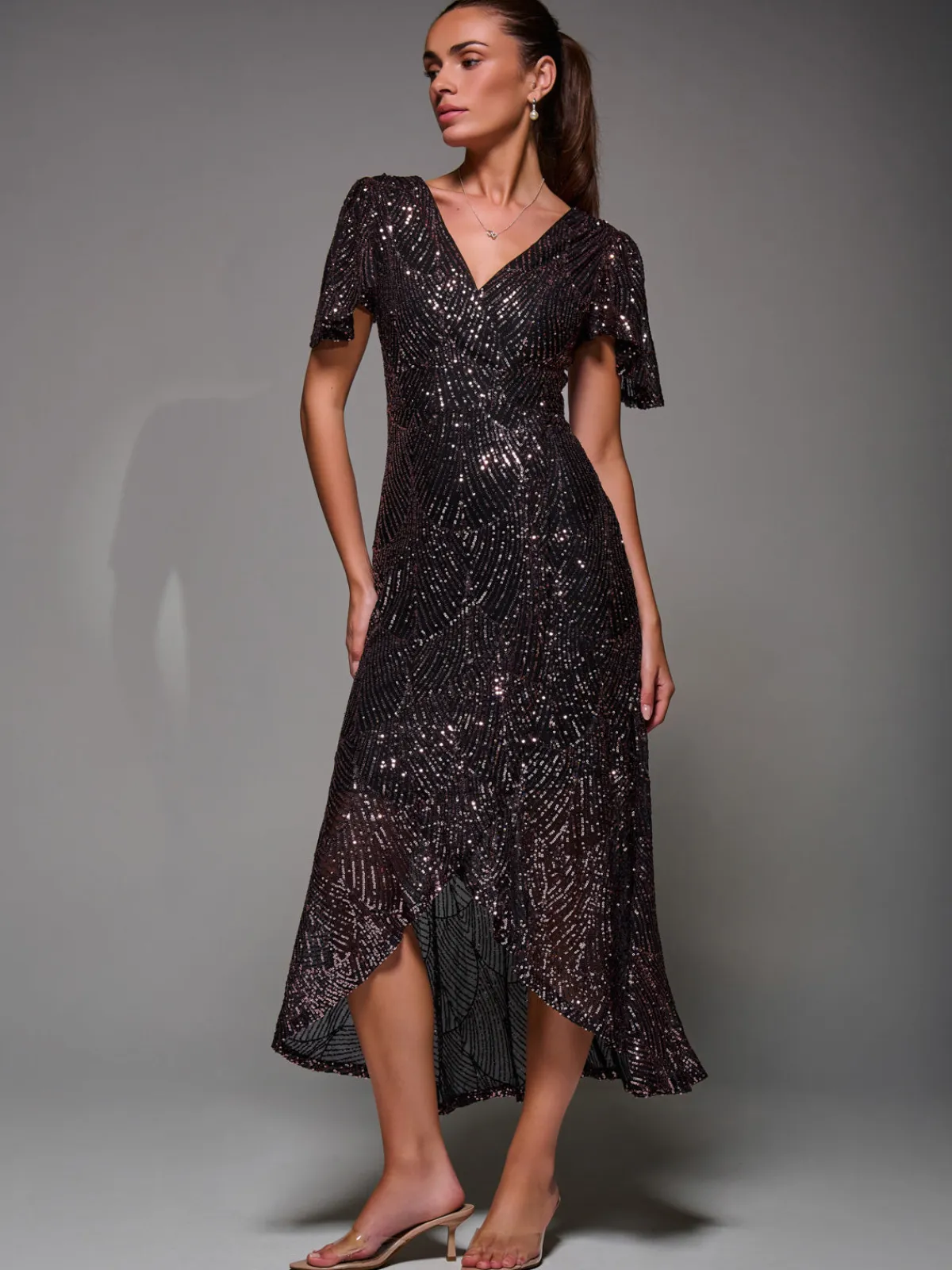 Jolie Moi Occasion Dresses|Party Dresses-Sequin Angel Sleeve Ruffle Hem Maxi Dress, Black Rose Gold