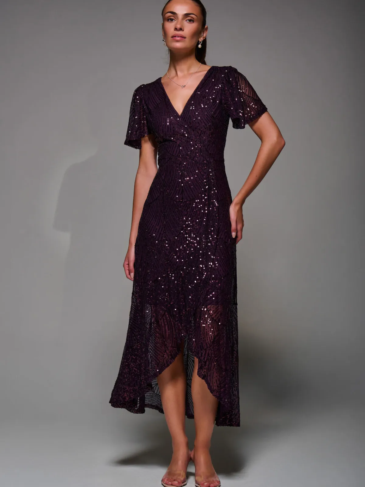 Jolie Moi Occasion Dresses|Party Dresses-Sequin Angel Sleeve Ruffle Hem Maxi Dress, Dark Burgundy