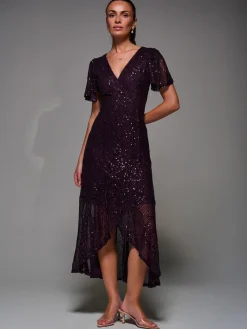 Jolie Moi Occasion Dresses|Party Dresses-Sequin Angel Sleeve Ruffle Hem Maxi Dress, Dark Burgundy