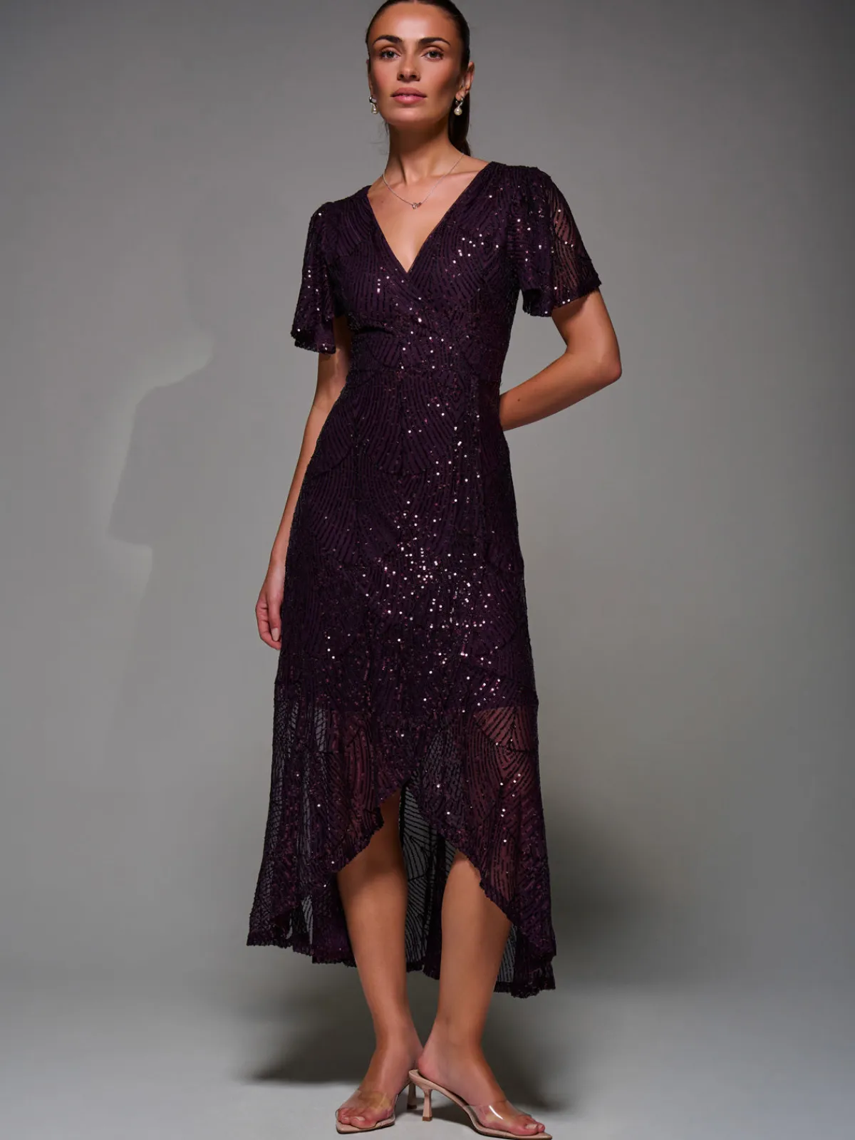 Jolie Moi Occasion Dresses|Party Dresses-Sequin Angel Sleeve Ruffle Hem Maxi Dress, Dark Burgundy
