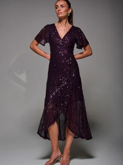 Jolie Moi Occasion Dresses|Party Dresses-Sequin Angel Sleeve Ruffle Hem Maxi Dress, Dark Burgundy