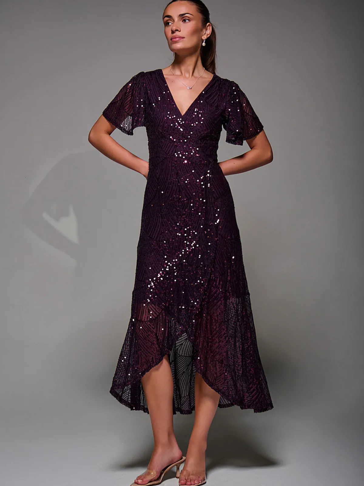 Jolie Moi Occasion Dresses|Party Dresses-Sequin Angel Sleeve Ruffle Hem Maxi Dress, Dark Burgundy