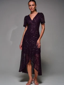 Jolie Moi Occasion Dresses|Party Dresses-Sequin Angel Sleeve Ruffle Hem Maxi Dress, Dark Burgundy