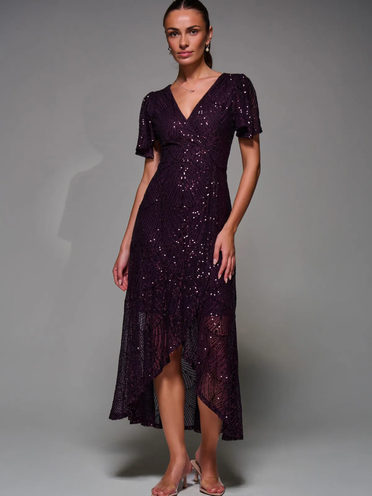 Jolie Moi Occasion Dresses|Party Dresses-Sequin Angel Sleeve Ruffle Hem Maxi Dress, Dark Burgundy
