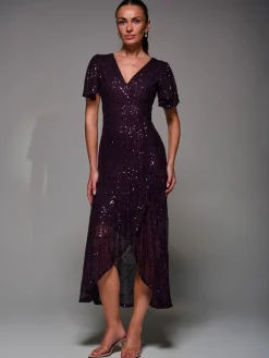 Jolie Moi Occasion Dresses|Party Dresses-Sequin Angel Sleeve Ruffle Hem Maxi Dress, Dark Burgundy