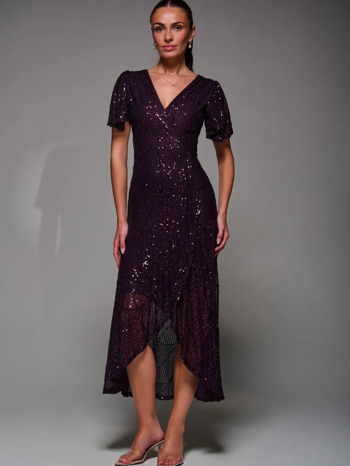 Jolie Moi Occasion Dresses|Party Dresses-Sequin Angel Sleeve Ruffle Hem Maxi Dress, Dark Burgundy