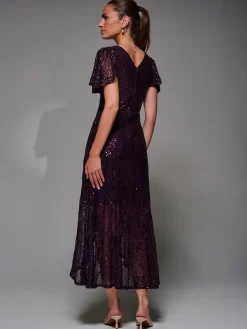 Jolie Moi Occasion Dresses|Party Dresses-Sequin Angel Sleeve Ruffle Hem Maxi Dress, Dark Burgundy