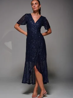 Jolie Moi Occasion Dresses|Party Dresses-Sequin Angel Sleeve Ruffle Hem Maxi Dress, Navy