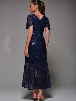 Jolie Moi Occasion Dresses|Party Dresses-Sequin Angel Sleeve Ruffle Hem Maxi Dress, Navy
