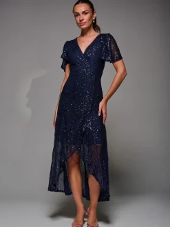 Jolie Moi Occasion Dresses|Party Dresses-Sequin Angel Sleeve Ruffle Hem Maxi Dress, Navy