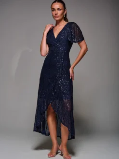 Jolie Moi Occasion Dresses|Party Dresses-Sequin Angel Sleeve Ruffle Hem Maxi Dress, Navy